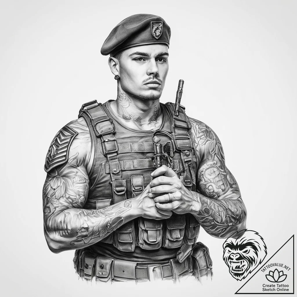 Tattoo sketch soldier with a key - tattoo sketch (№1759984514_0, 09.10.2025 04:35) — tattoovalue.net