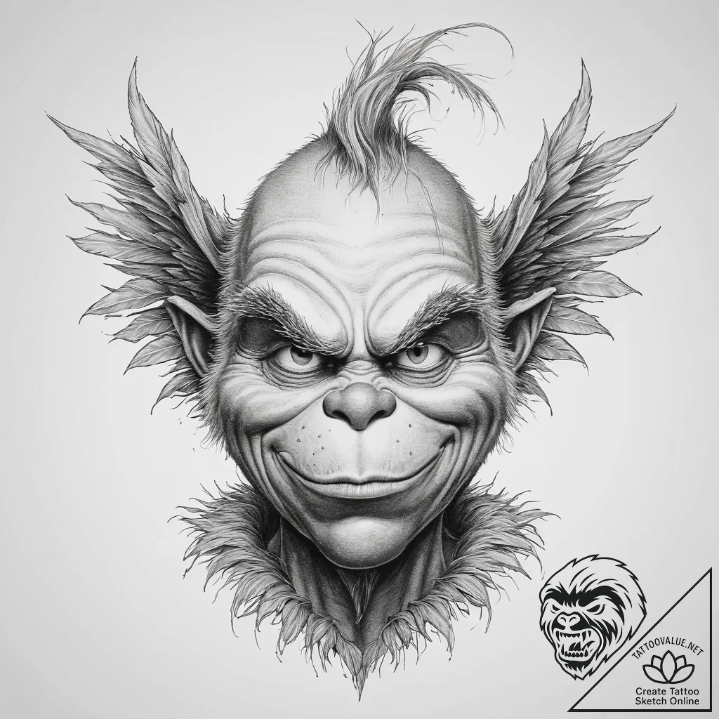 Tattoo sketch the grinch with a wing, tattoo... - tattoo sketch (№1759992155_0, 09.10.2025 06:42) — tattoovalue.net