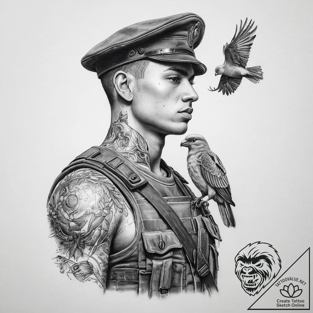 Tattoo sketch soldier with a bird, tattoo lin... - tattoo sketch (№1760006554_0, 09.10.2025 10:42) — tattoovalue.net