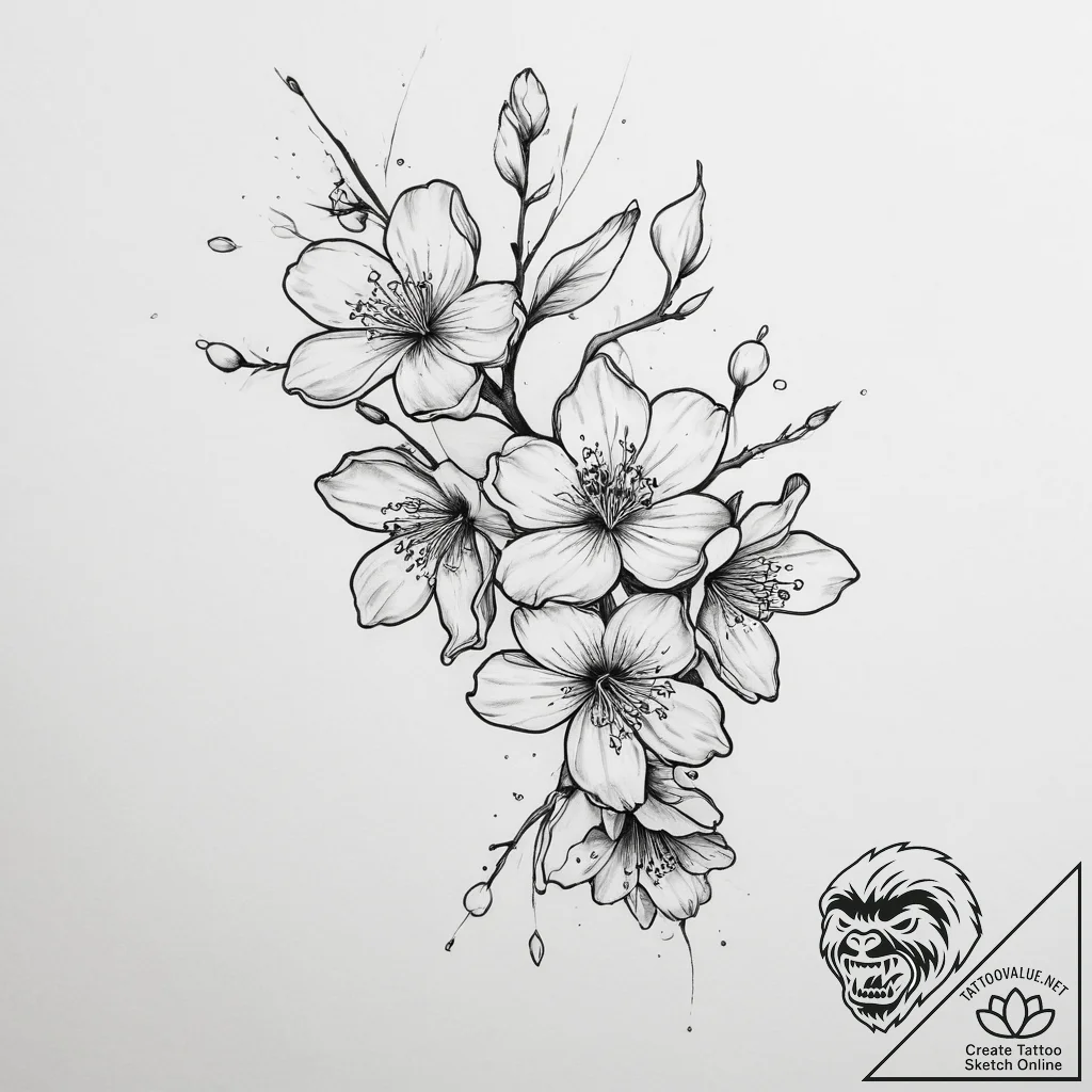 Tattoo sketch cherry blossom petals falling,... - tattoo sketch (№1760006987_0, 09.10.2025 10:49) — tattoovalue.net