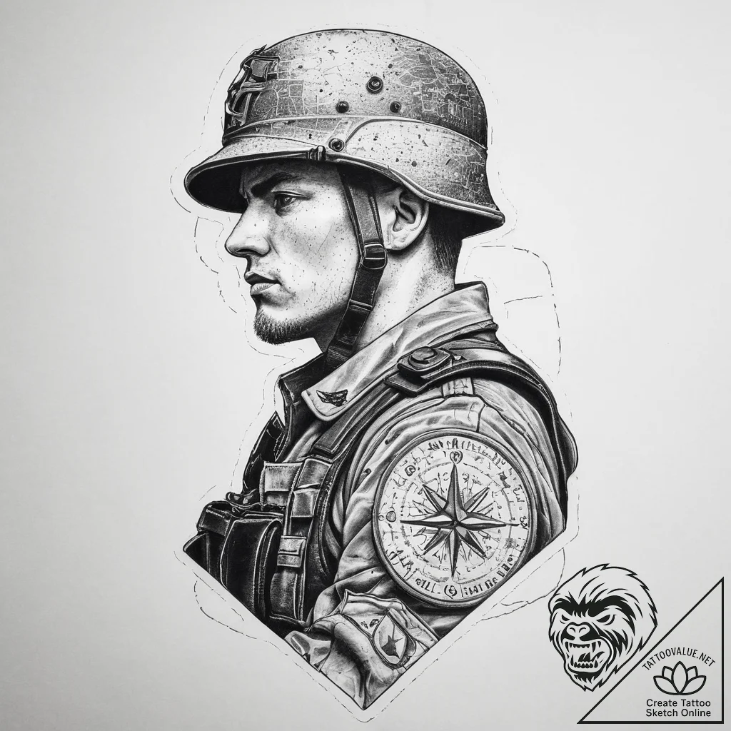 Tattoo sketch soldier with a map, tattoo sket... - tattoo sketch (№1760007637_0, 09.10.2025 11:00) — tattoovalue.net
