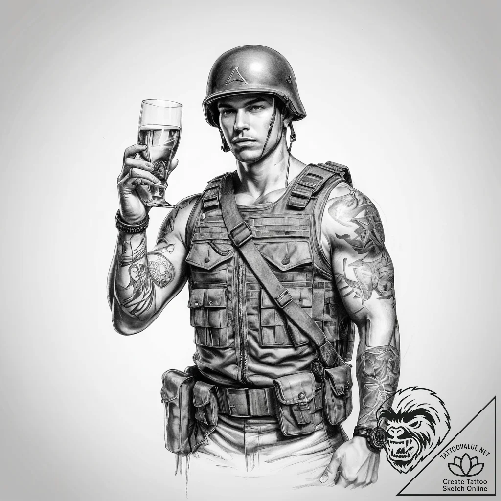 Tattoo sketch soldier with a glass - tattoo sketch (№1760011768_0, 09.10.2025 12:09) — tattoovalue.net