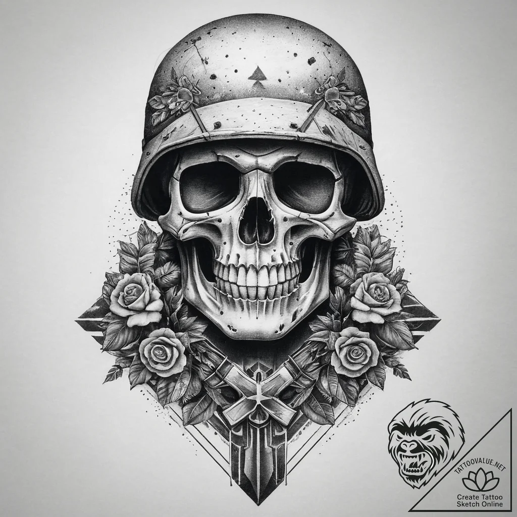 Tattoo sketch soldier with a skull, ink illus... - tattoo sketch (№1760021232_0, 09.10.2025 14:47) — tattoovalue.net