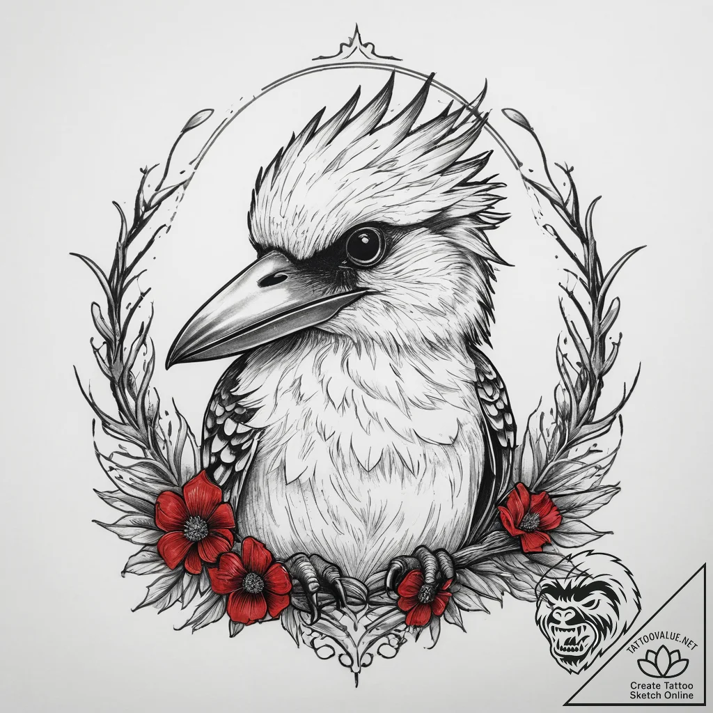 Tattoo sketch puns a kookaburra that says "i'... - tattoo sketch (№1760022315_0, 09.10.2025 15:05) — tattoovalue.net
