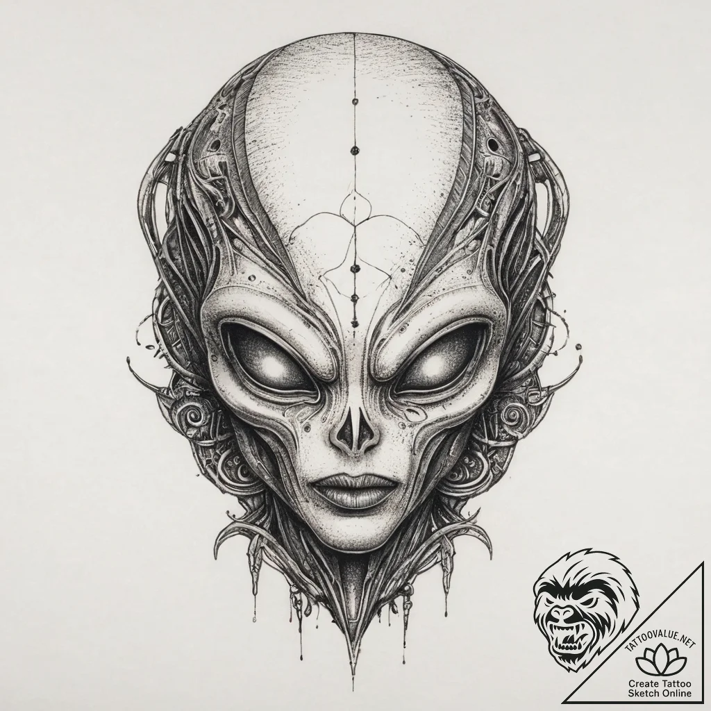 Tattoo sketch alien head tattoo, ink illustra... - tattoo sketch (№1760029702_0, 09.10.2025 17:08) — tattoovalue.net
