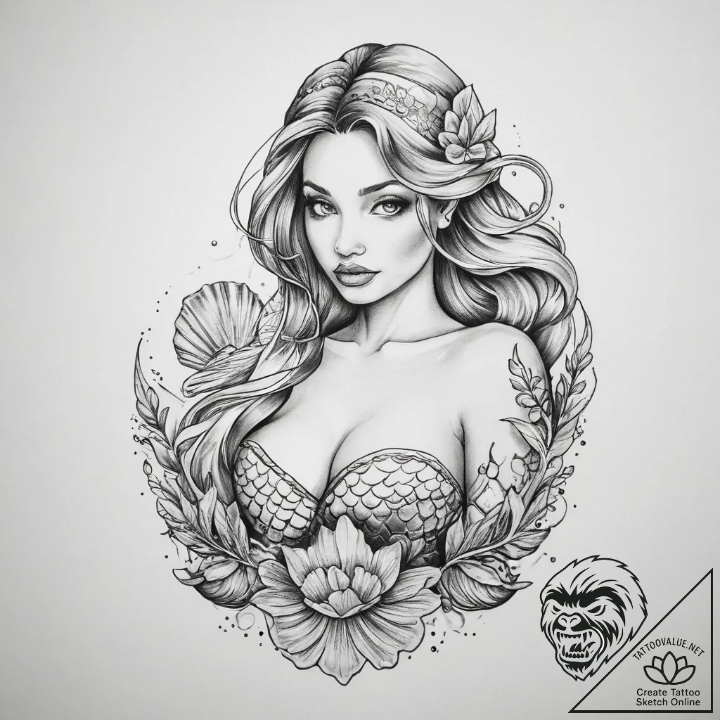 Tattoo sketch mermaid with a shell - tattoo sketch (№1760045303_0, 09.10.2025 21:28) — tattoovalue.net