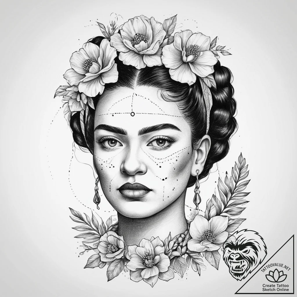 Tattoo sketch frida kahlo portrait with flowe... - tattoo sketch (№1760048554_0, 09.10.2025 22:22) — tattoovalue.net