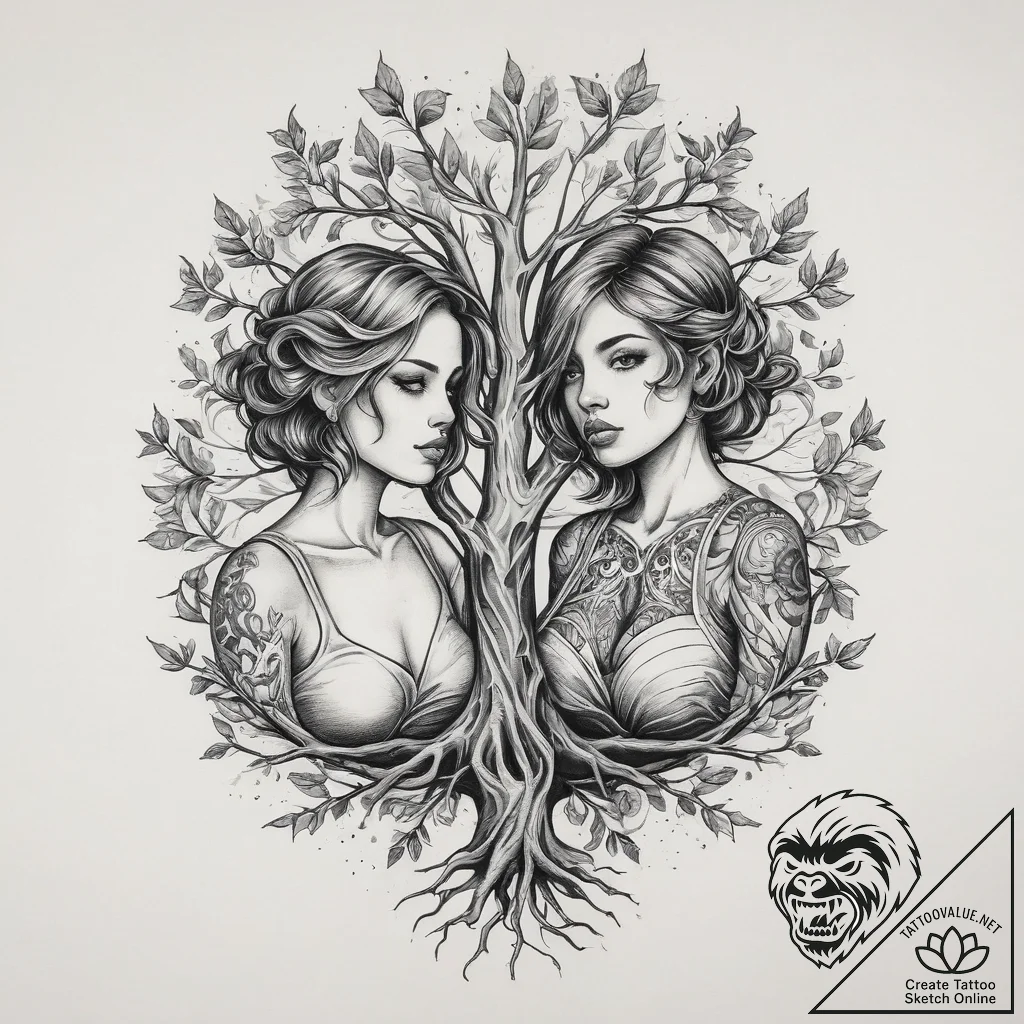 Tattoo sketch tree with a couple, artistic ta... - tattoo sketch (№1760061120_0, 10.10.2025 01:52) — tattoovalue.net