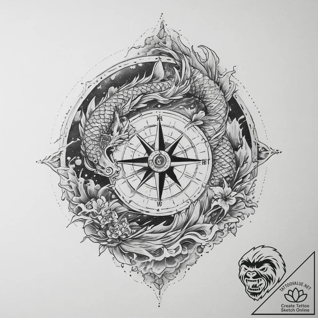 Tattoo sketch compass, ink illustration for t... - tattoo sketch (№1760061552_0, 10.10.2025 01:59) — tattoovalue.net