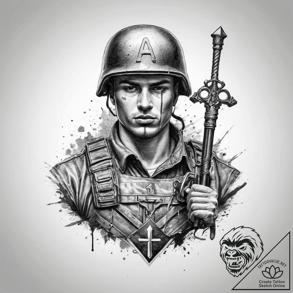 Tattoo sketch soldier with a key, ink illustr... - tattoo sketch (№1760061983_0, 10.10.2025 02:06) — tattoovalue.net
