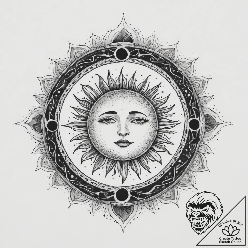 Tattoo sketch узор в виде солнечного затмения... - tattoo sketch (№1760072986_0, 10.10.2025 05:09) — tattoovalue.net