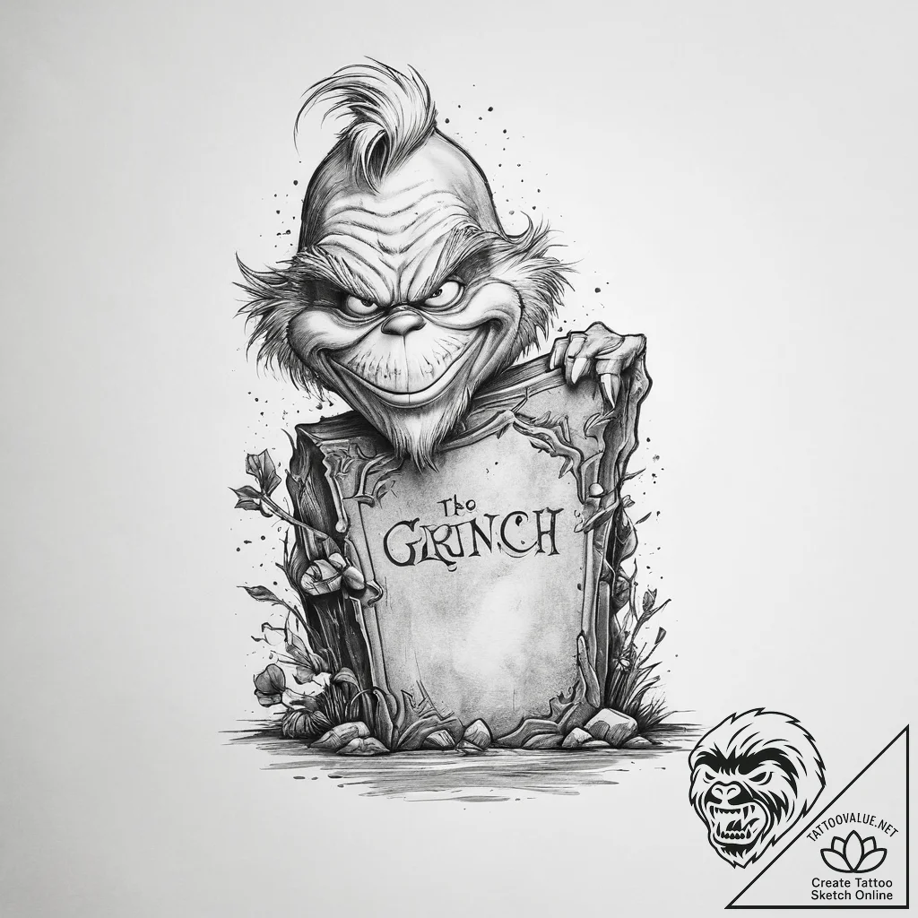 Tattoo sketch the grinch with a tombstone - tattoo sketch (№1760075742_0, 10.10.2025 05:55) — tattoovalue.net