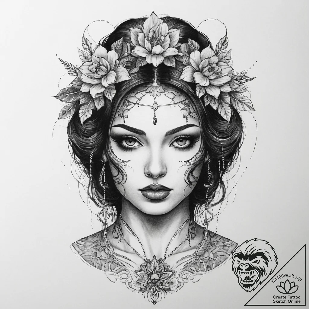 Tattoo sketch divine portrait, ink illustrati... - tattoo sketch (№1760077249_0, 10.10.2025 06:20) — tattoovalue.net