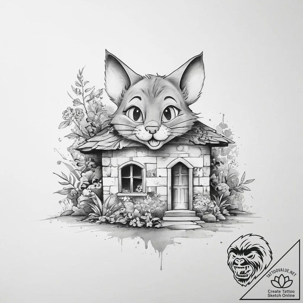 Tattoo sketch tom and jerry with a house - tattoo sketch (№1760077465_0, 10.10.2025 06:24) — tattoovalue.net
