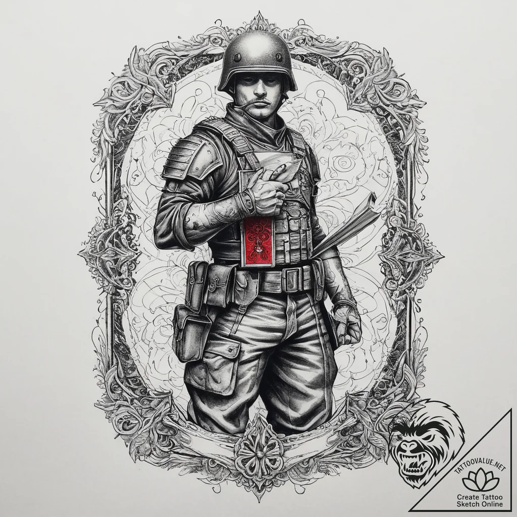 Tattoo sketch soldier with a book, tattoo lin... - tattoo sketch (№1760080506_0, 10.10.2025 07:15) — tattoovalue.net