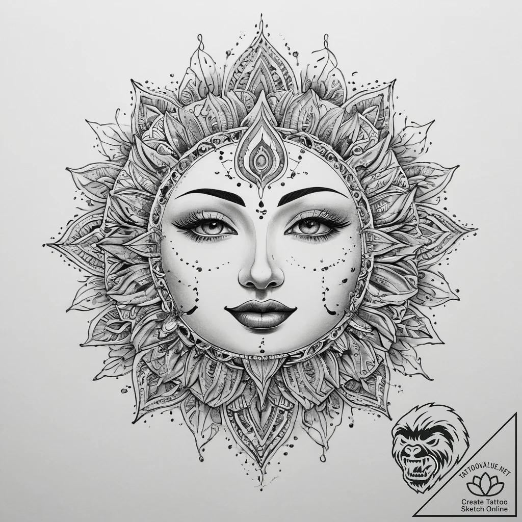 Tattoo sketch sun face, concept art for tatto... - tattoo sketch (№1760089405_0, 10.10.2025 09:43) — tattoovalue.net