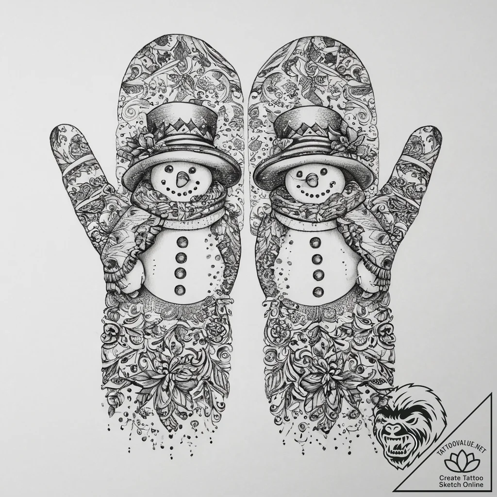 Tattoo sketch mittens with a snowman, artisti... - tattoo sketch (№1760090487_0, 10.10.2025 10:01) — tattoovalue.net