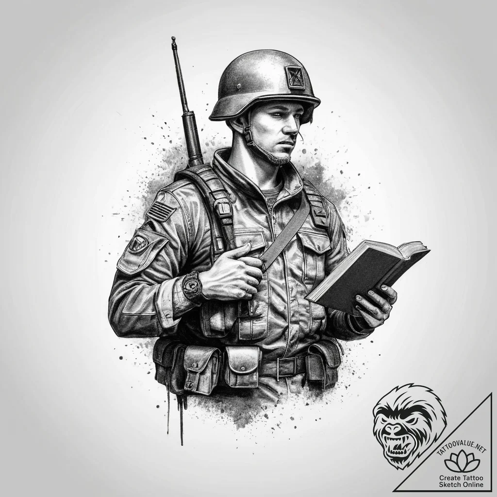 Tattoo sketch soldier with a book, ink illust... - tattoo sketch (№1760095923_0, 10.10.2025 11:32) — tattoovalue.net