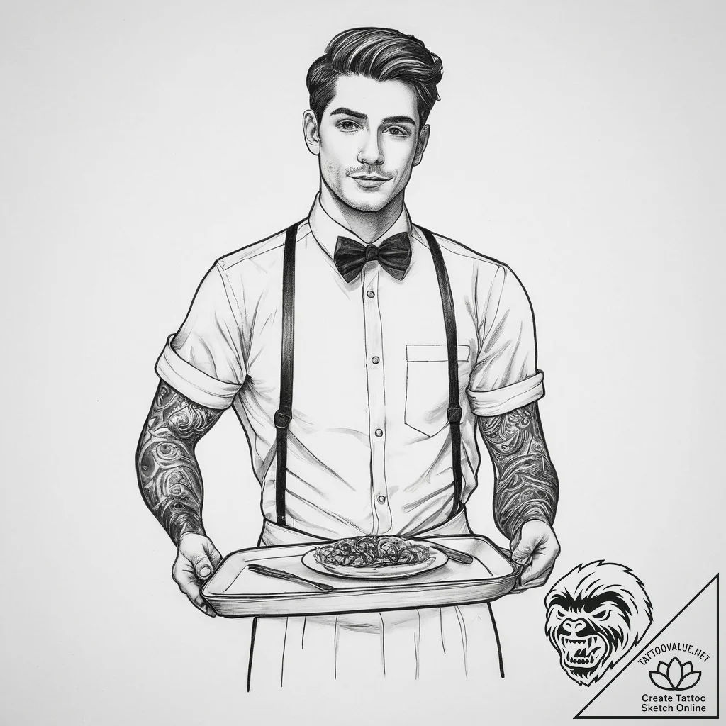 Tattoo sketch waiter a person with a serving... - tattoo sketch (№1760101562_0, 10.10.2025 13:06) — tattoovalue.net