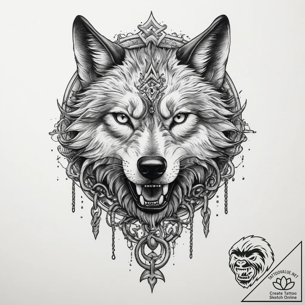 Tattoo sketch fenrir wolf and chain, ink illu... - tattoo sketch (№1760103973_0, 10.10.2025 13:46) — tattoovalue.net