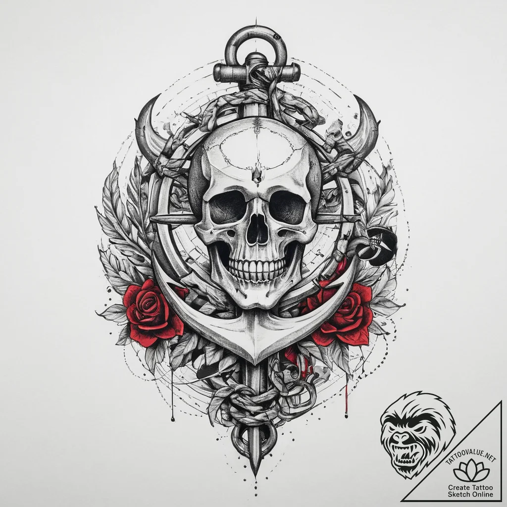 Tattoo sketch anchor with a skull, tattoo dra... - tattoo sketch (№1760110471_0, 10.10.2025 15:34) — tattoovalue.net