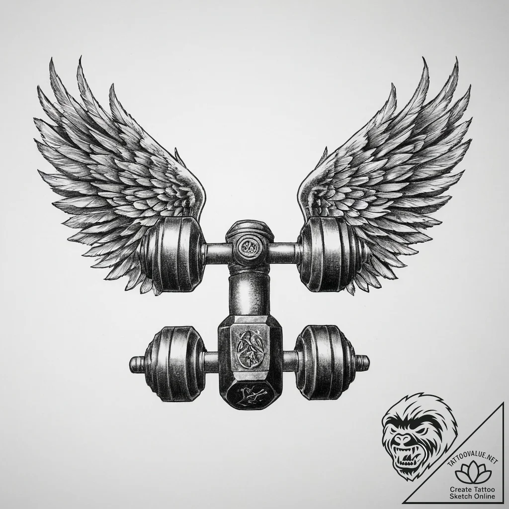 Tattoo sketch gym dumbbell with wings - tattoo sketch (№1760111994_0, 10.10.2025 15:59) — tattoovalue.net