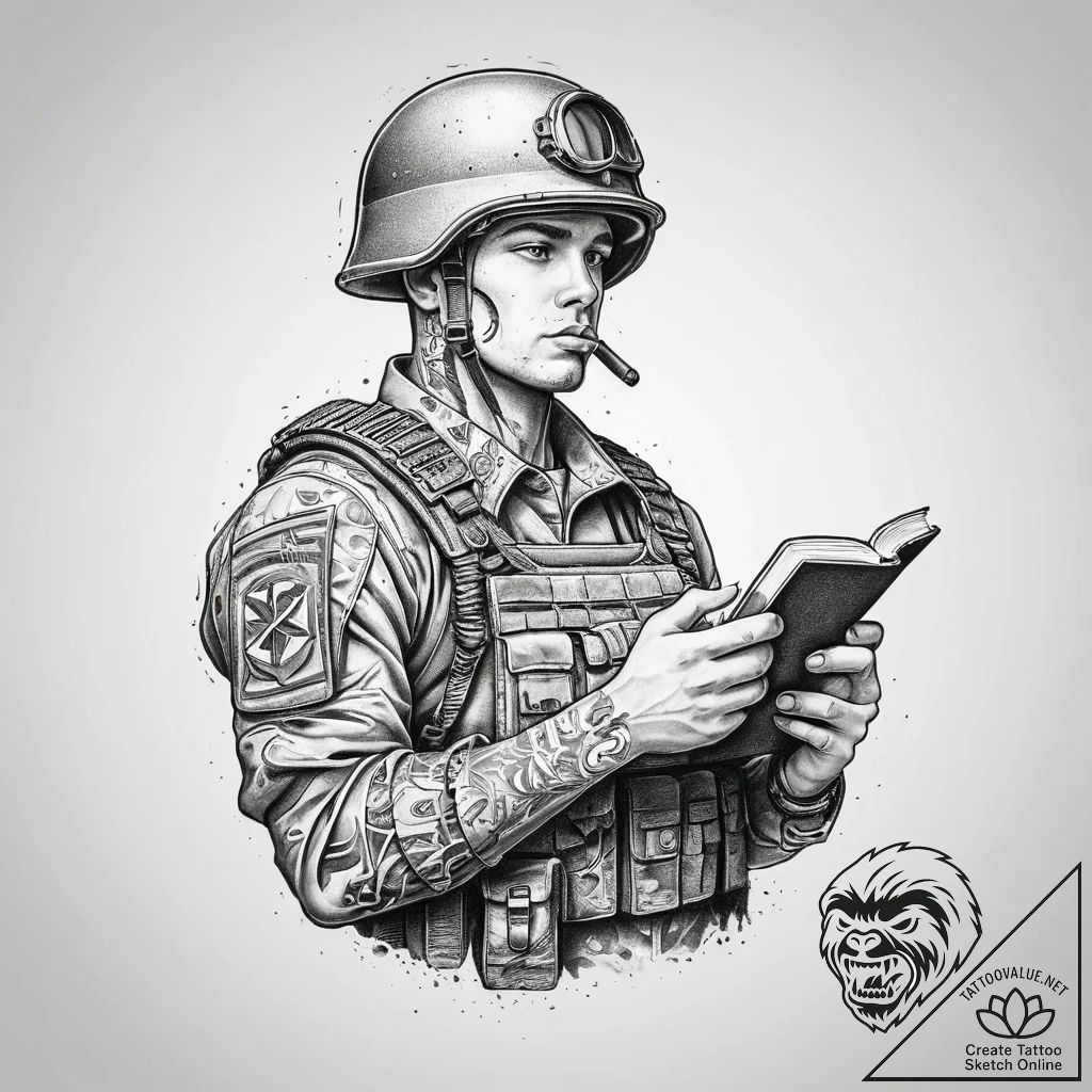 Tattoo sketch soldier with a book, tattoo ske... - tattoo sketch (№1760117235_0, 10.10.2025 17:27) — tattoovalue.net