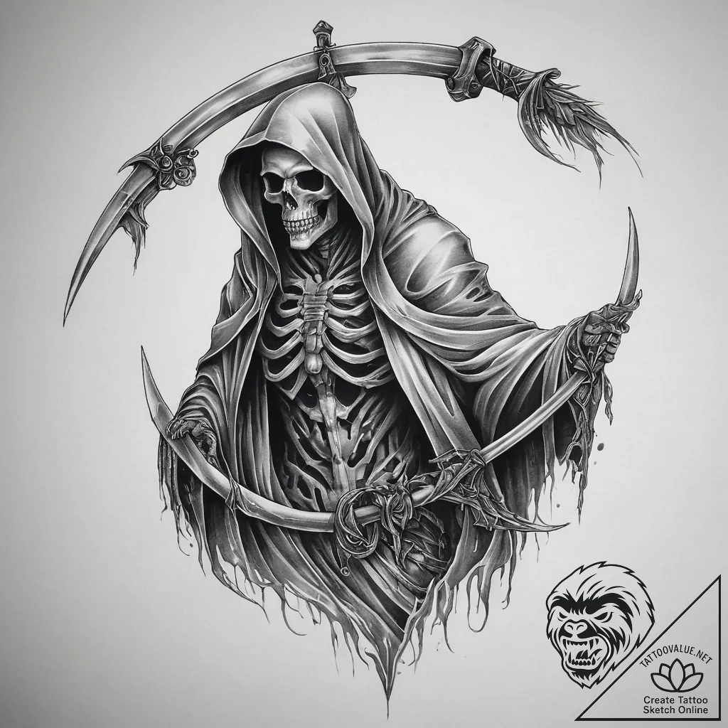 Tattoo sketch grim reaper scythe, ink illustr... - tattoo sketch (№1760119188_0, 10.10.2025 17:59) — tattoovalue.net