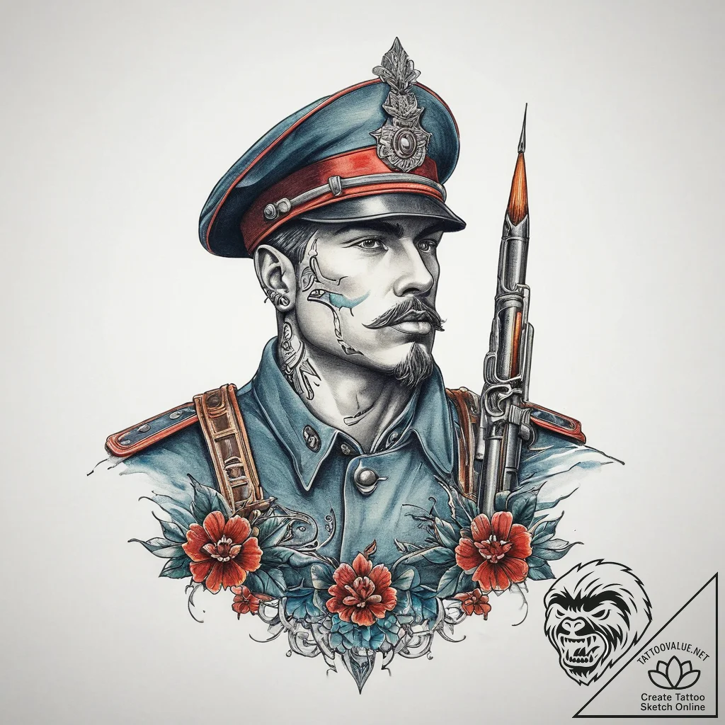 Tattoo sketch soldier with a brush, tattoo li... - tattoo sketch (№1760121380_0, 10.10.2025 18:36) — tattoovalue.net