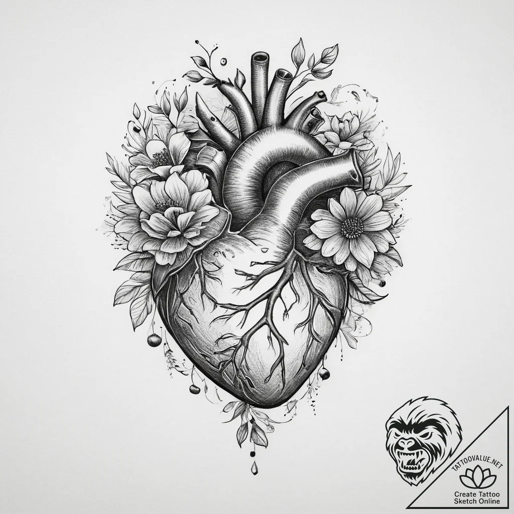 Tattoo sketch human heart with flowers, conce... - tattoo sketch (№1760128848_0, 10.10.2025 20:40) — tattoovalue.net