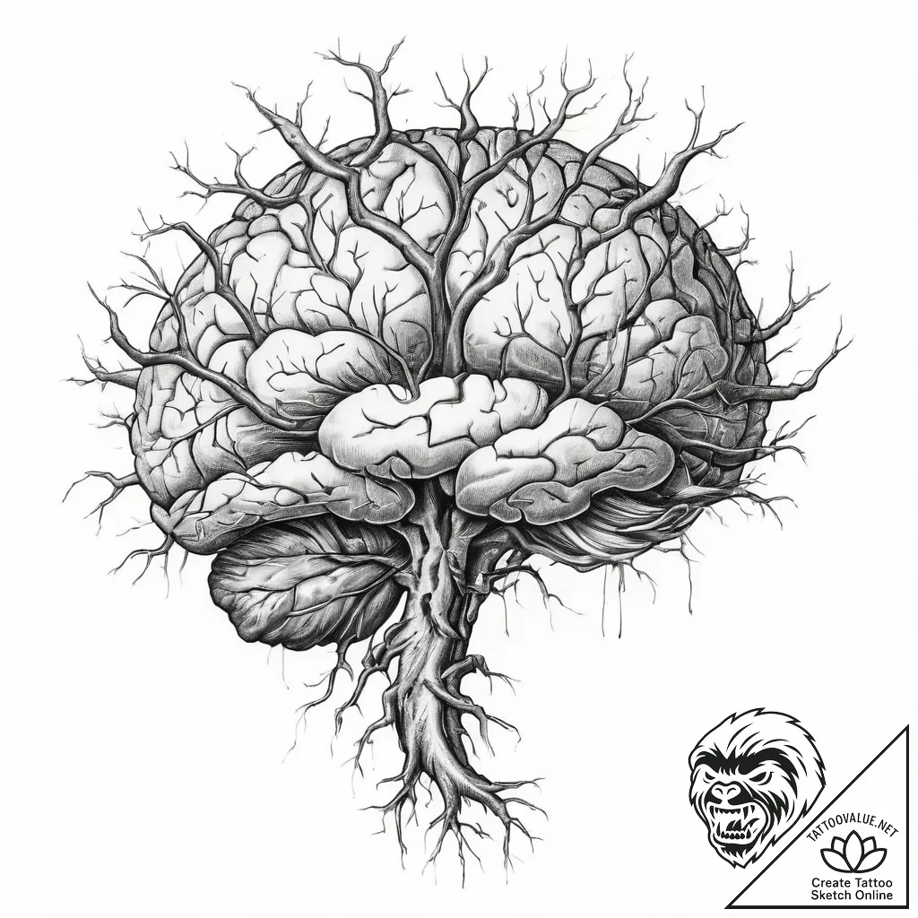 Tattoo sketch anatomical brain with roots - tattoo sketch (№1760132128_0, 10.10.2025 21:35) — tattoovalue.net