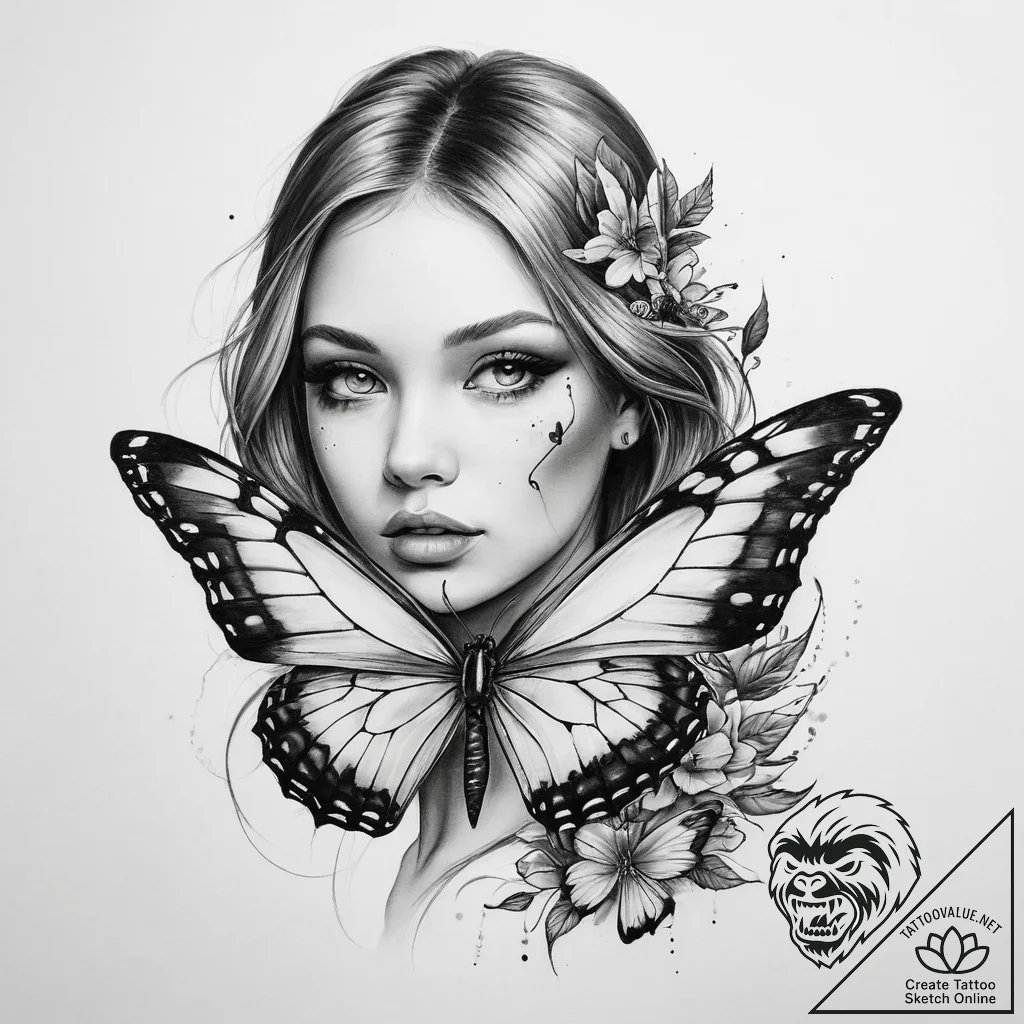 Tattoo sketch butterfly girl tattoo - tattoo sketch (№1760169296_0, 11.10.2025 07:54) — tattoovalue.net