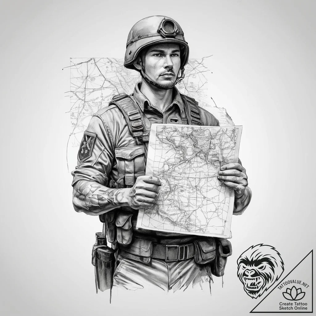 Tattoo sketch soldier with a map - tattoo sketch (№1760171710_0, 11.10.2025 08:35) — tattoovalue.net