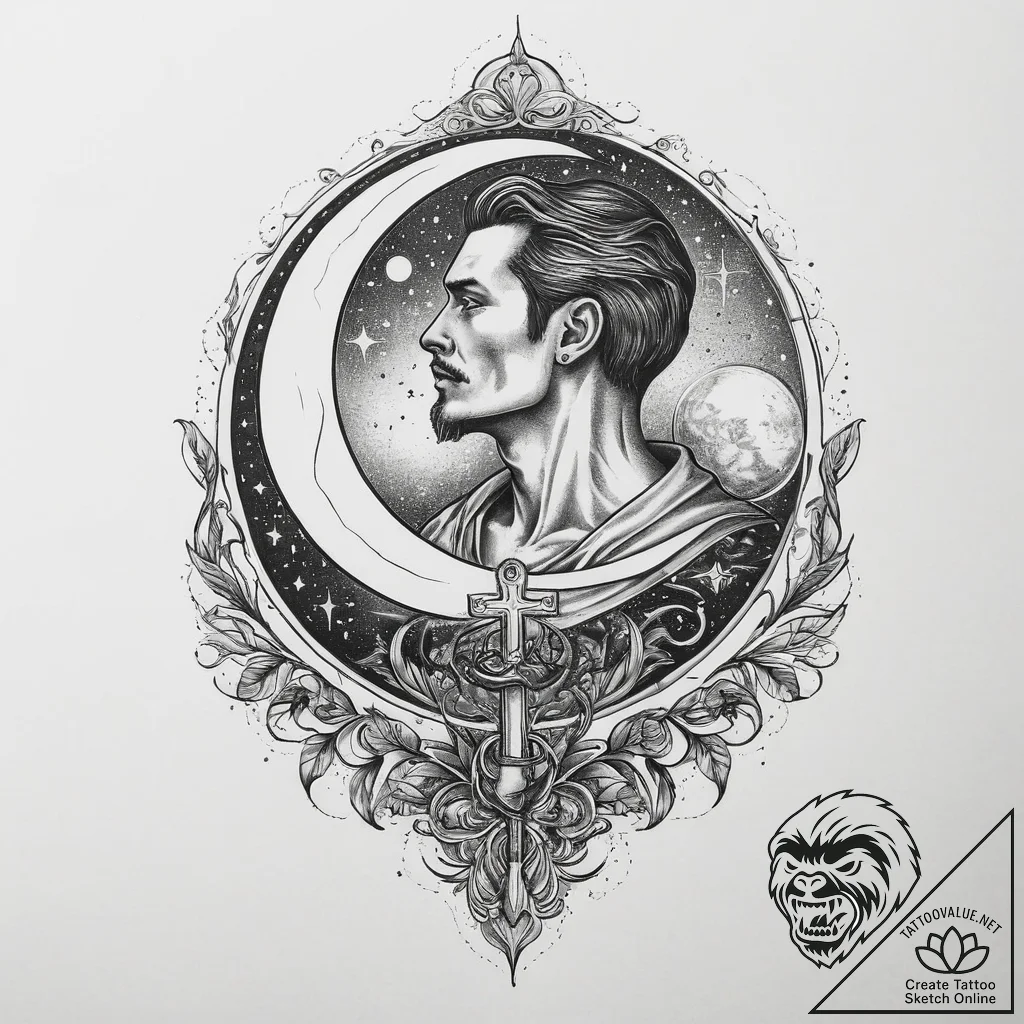 Tattoo sketch back of a man with a moon, arti... - tattoo sketch (№1760172578_0, 11.10.2025 08:49) — tattoovalue.net