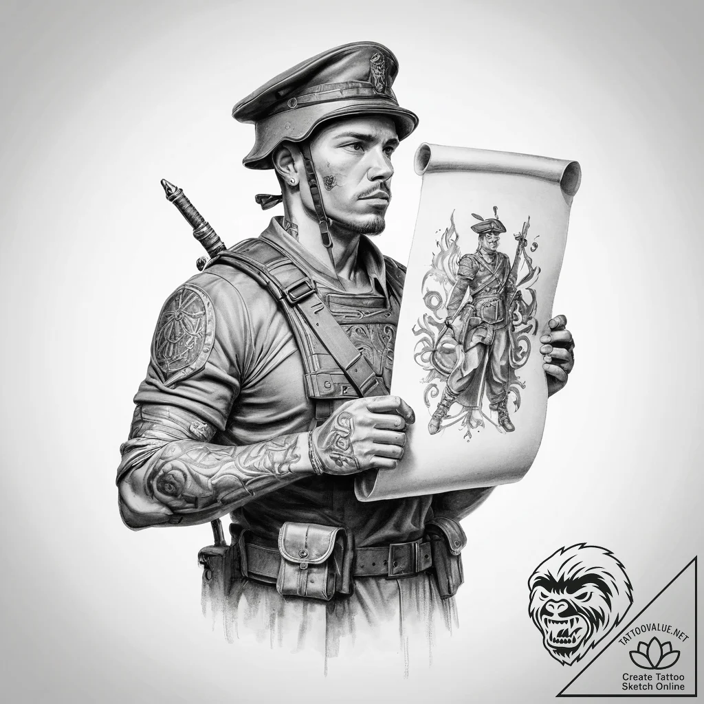 Tattoo sketch soldier with a scroll - tattoo sketch (№1760173663_0, 11.10.2025 09:07) — tattoovalue.net