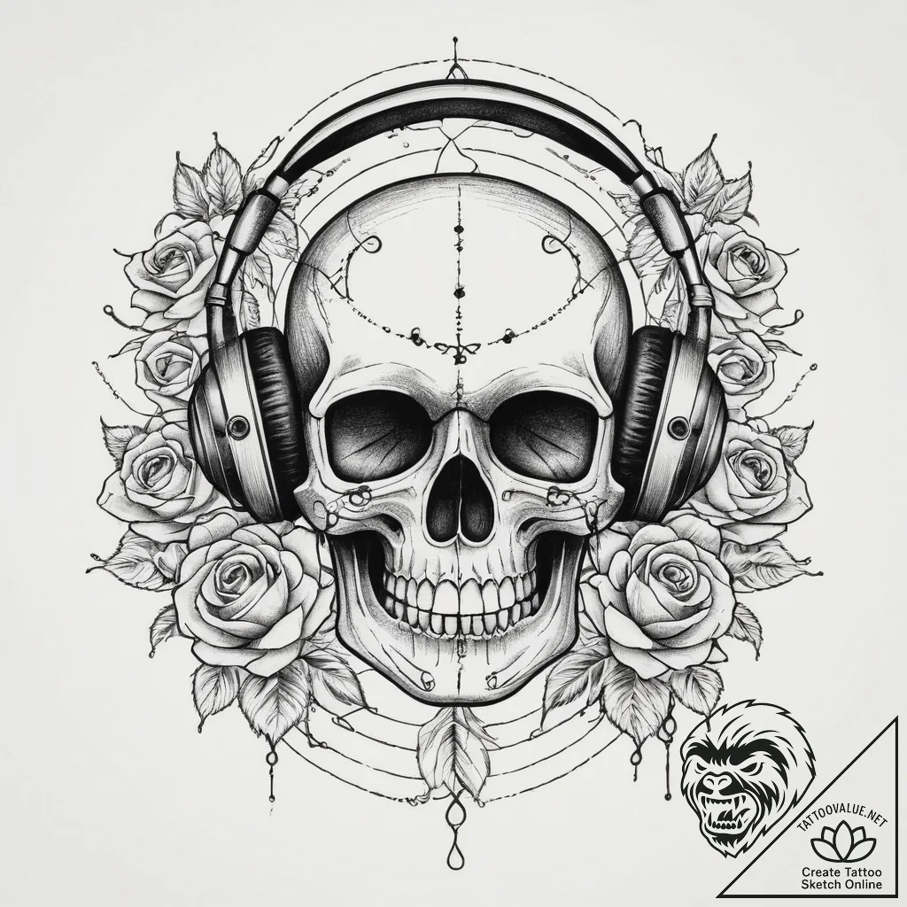 Tattoo sketch music headphones with a music s... - tattoo sketch (№1760178679_0, 11.10.2025 10:31) — tattoovalue.net