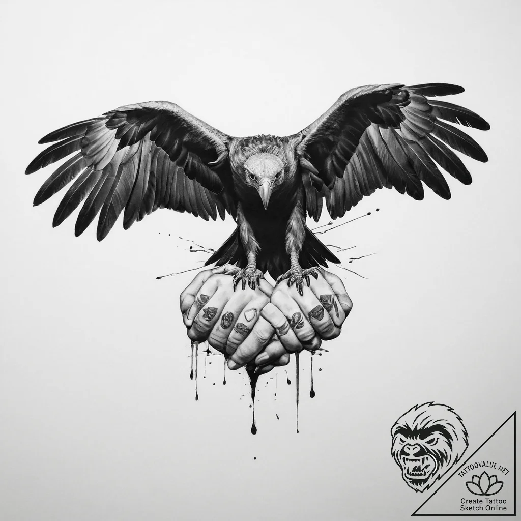 Tattoo sketch hands with a vulture - tattoo sketch (№1760179112_0, 11.10.2025 10:38) — tattoovalue.net