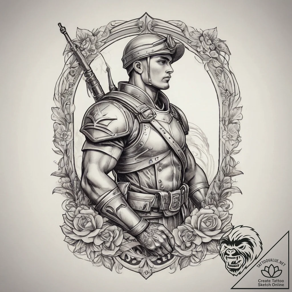 Tattoo sketch soldier with a scroll, concept... - tattoo sketch (№1760179544_0, 11.10.2025 10:45) — tattoovalue.net