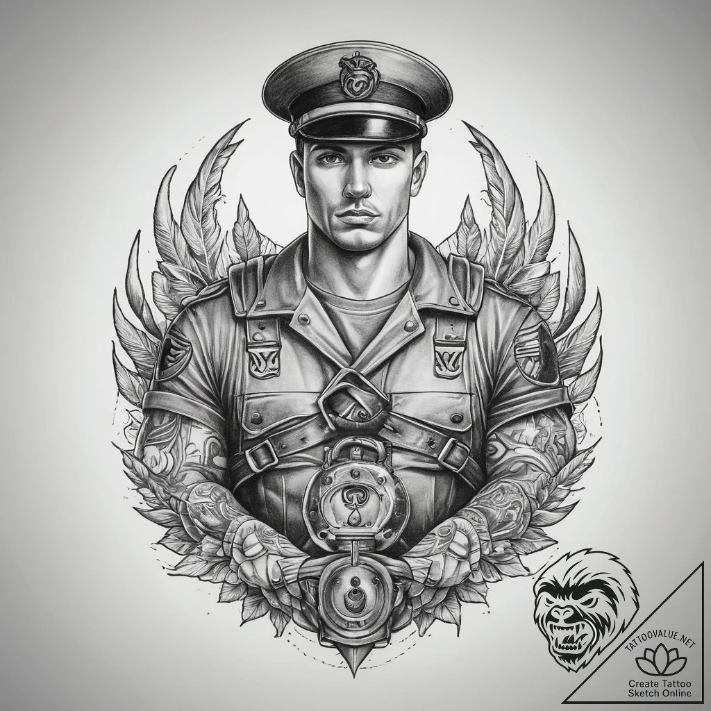 Tattoo sketch soldier with a lock, concept ar... - tattoo sketch (№1760182370_0, 11.10.2025 11:32) — tattoovalue.net