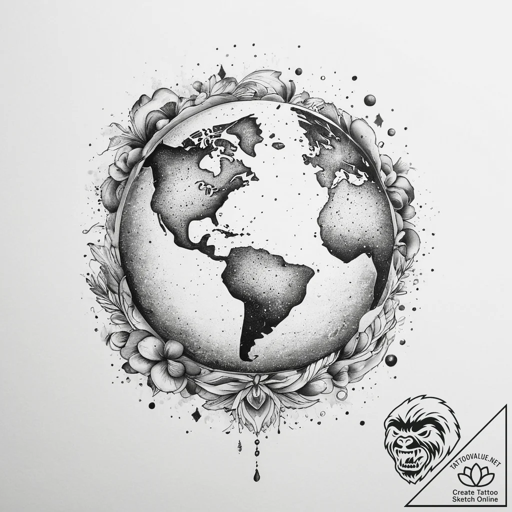 Tattoo sketch globe, tattoo flash sheet desig... - tattoo sketch (№1760201712_0, 11.10.2025 16:55) — tattoovalue.net