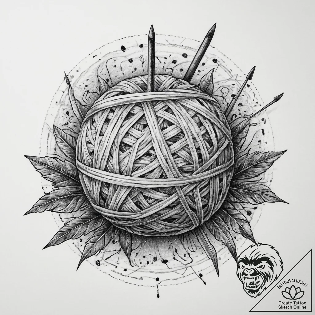Tattoo sketch knitting yarn ball and needles,... - tattoo sketch (№1760203659_0, 11.10.2025 17:27) — tattoovalue.net