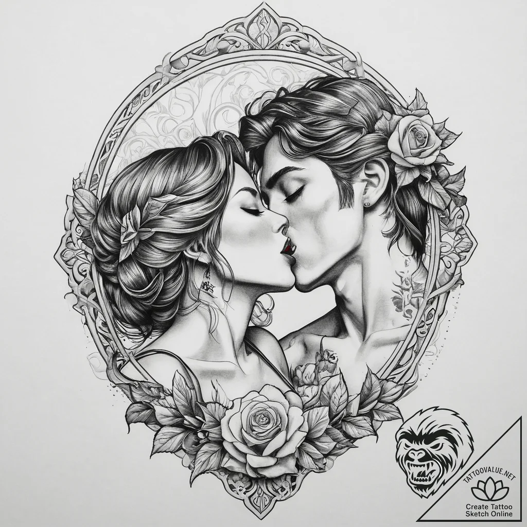 Tattoo sketch romantic kiss with a rose, conc... - tattoo sketch (№1760206042_0, 11.10.2025 18:07) — tattoovalue.net