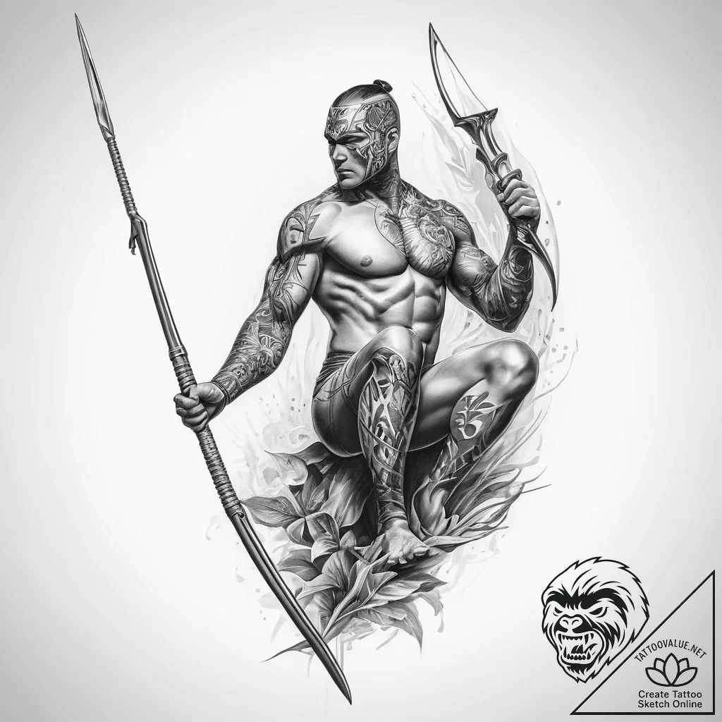Tattoo sketch spearfishing a person with a sp... - tattoo sketch (№1760212961_0, 11.10.2025 20:02) — tattoovalue.net