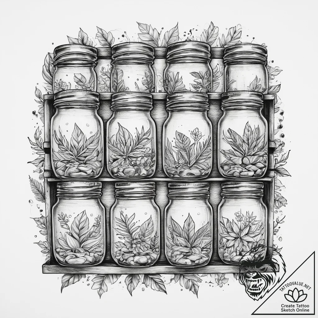 Tattoo sketch spice rack with jars, concept a... - tattoo sketch (№1760217287_0, 11.10.2025 21:14) — tattoovalue.net