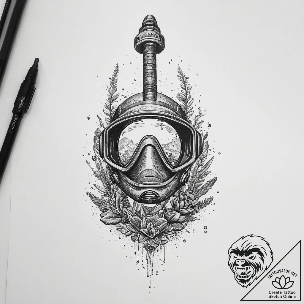 Tattoo sketch snorkeling a snorkel, ink illus... - tattoo sketch (№1760225538_0, 11.10.2025 23:32) — tattoovalue.net