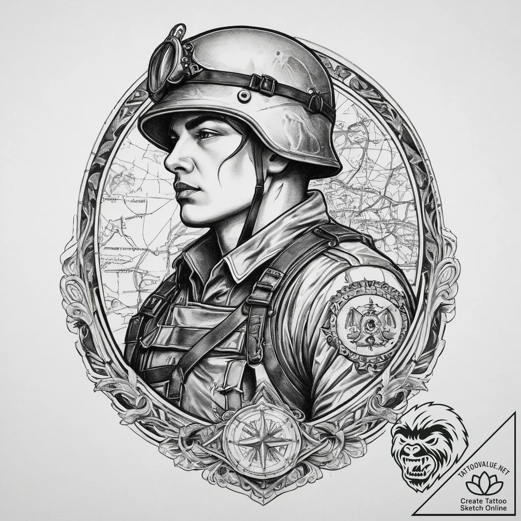 Tattoo sketch soldier with a map, artistic ta... - tattoo sketch (№1760227290_0, 12.10.2025 00:01) — tattoovalue.net