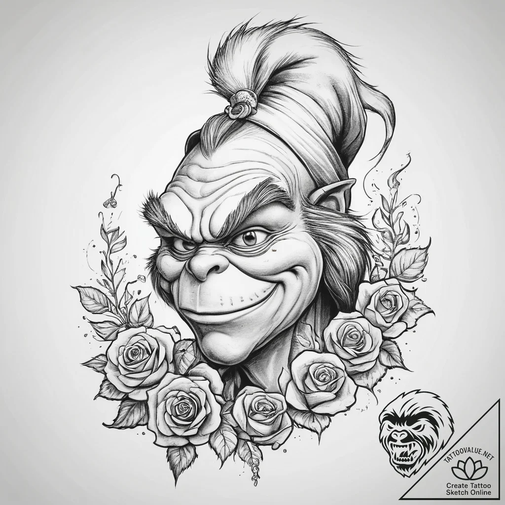 Tattoo sketch the grinch with a fur, tattoo f... - tattoo sketch (№1760229890_0, 12.10.2025 00:44) — tattoovalue.net