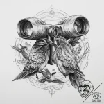 Tattoo sketch birdwatching binoculars and a f… – tattoo sketch (№1760231190_0, 12.10.2025 01:06) — tattoovalue.net