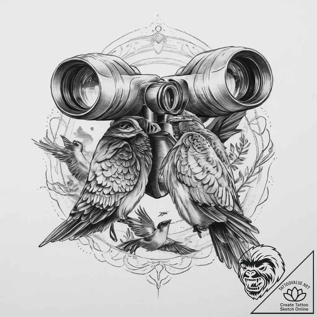 Tattoo sketch birdwatching binoculars and a f... - tattoo sketch (№1760231190_0, 12.10.2025 01:06) — tattoovalue.net