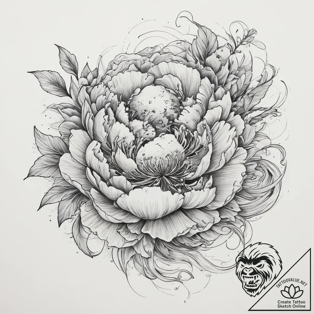 Tattoo sketch peony with flowing lines, ink i... - tattoo sketch (№1760237082_0, 12.10.2025 02:44) — tattoovalue.net